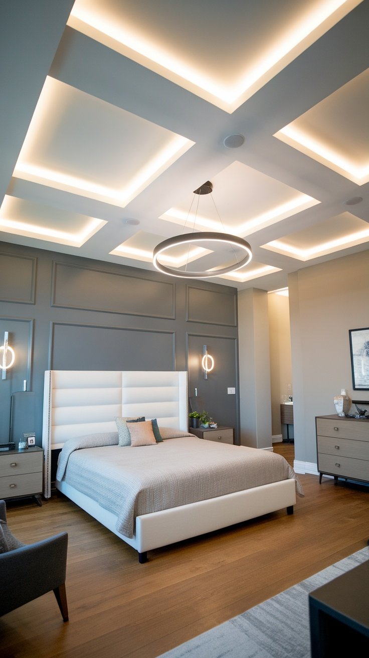 Modern luxury bedroom with stylish ceiling design and soft lighting