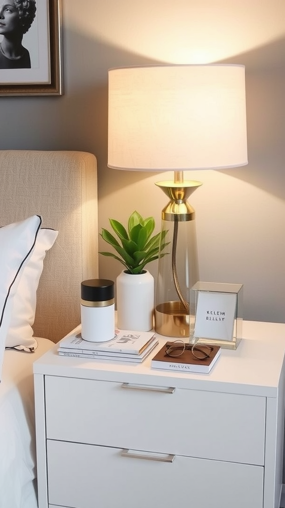 A stylish nightstand with a lamp, books, and a small plant.