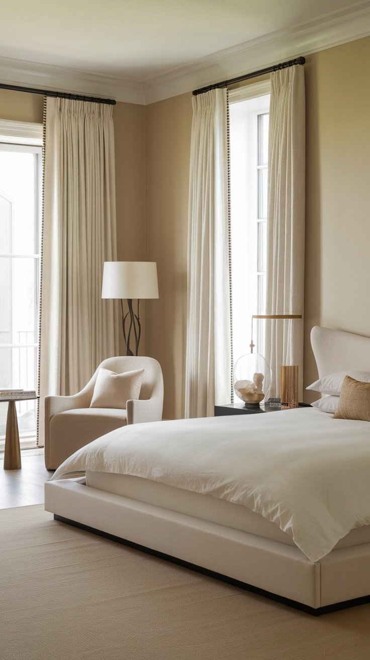 Elegant bedroom featuring a cozy seating area with a chair and stylish decor.