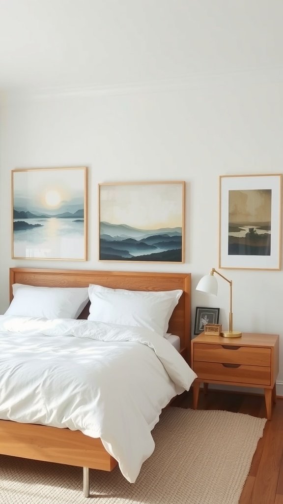 A serene bedroom featuring calming wall art and elegant decor.