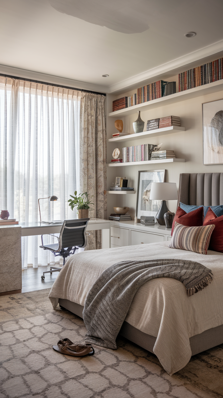 Modern luxury bedroom with a workspace featuring a desk, chair, and natural light.