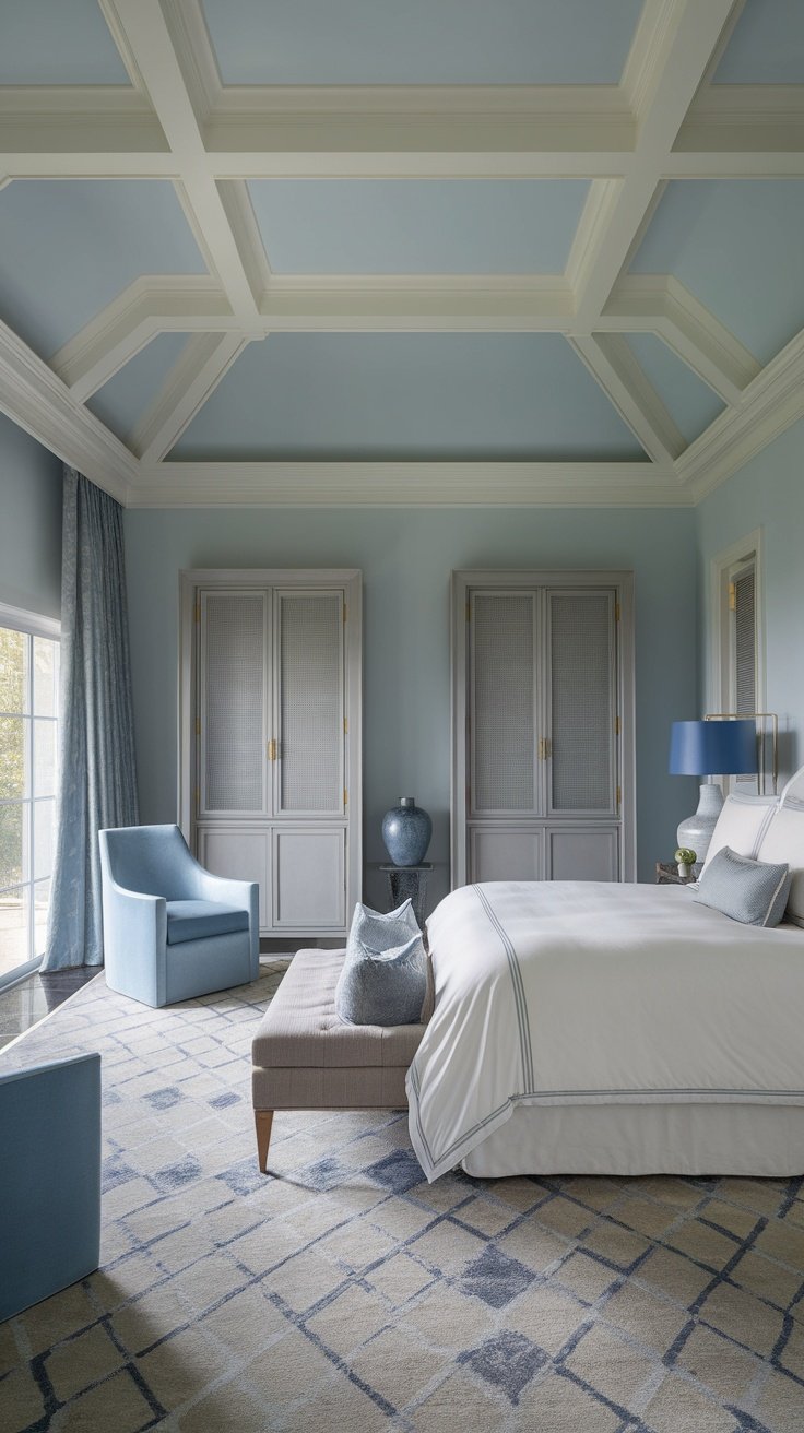 A serene bedroom featuring soft blue and neutral tones with elegant furniture.
