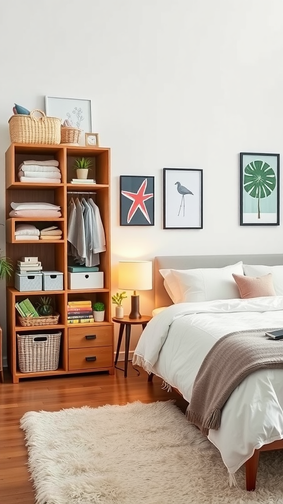 A cozy bedroom with a bed featuring built-in under-bed storage, showcasing organized shoes and drawers.