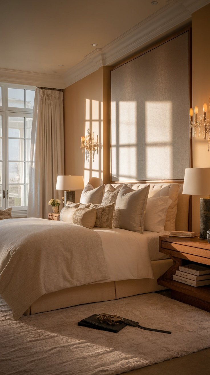 A cozy bedroom with warm lighting, elegant decor, and a comfortable bed.