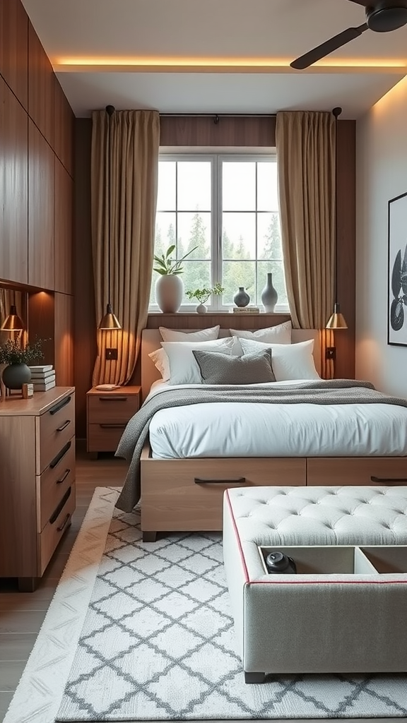 A bright and spacious bedroom featuring an arch mirror, a cozy bed, and warm wooden furniture.