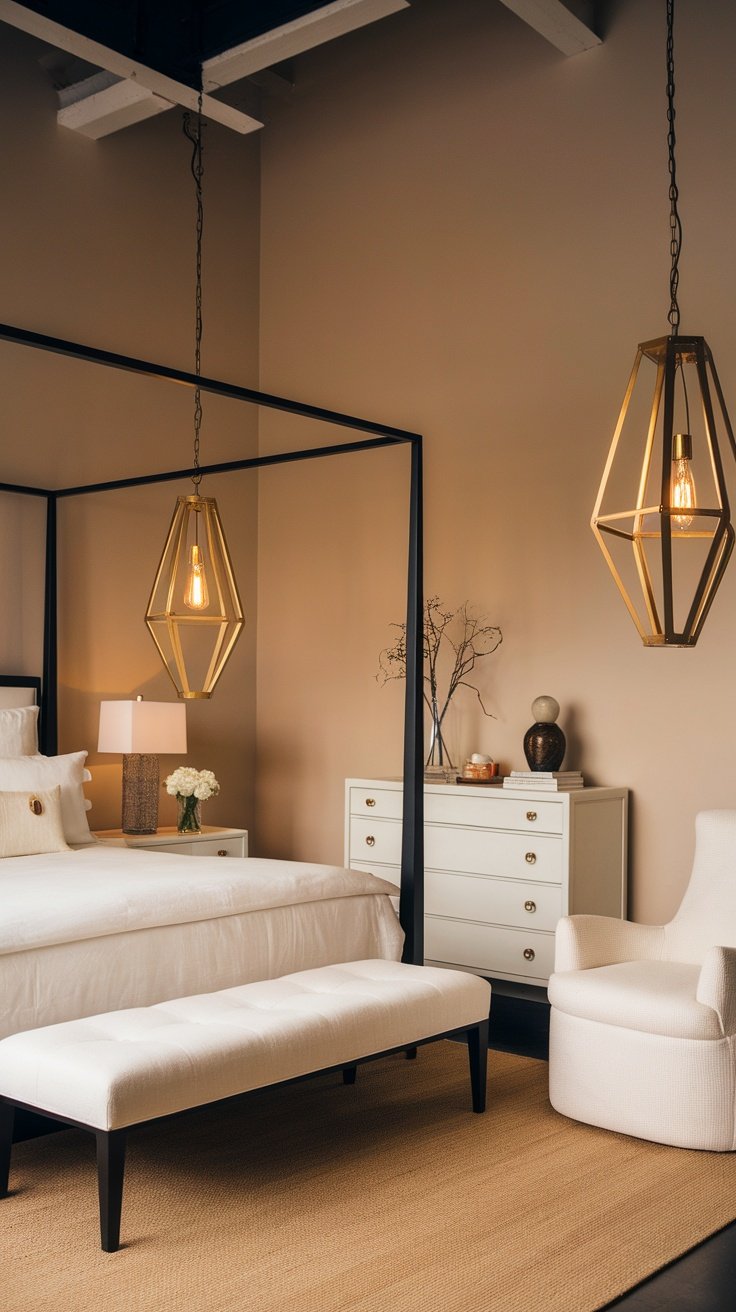 A modern luxury bedroom featuring statement lighting fixtures.