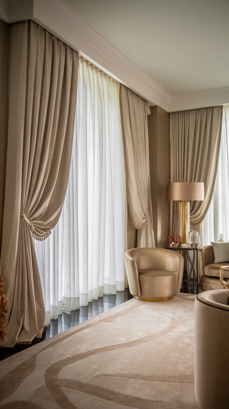 Interior view showing luxurious curtains and drapes in a modern bedroom setting.