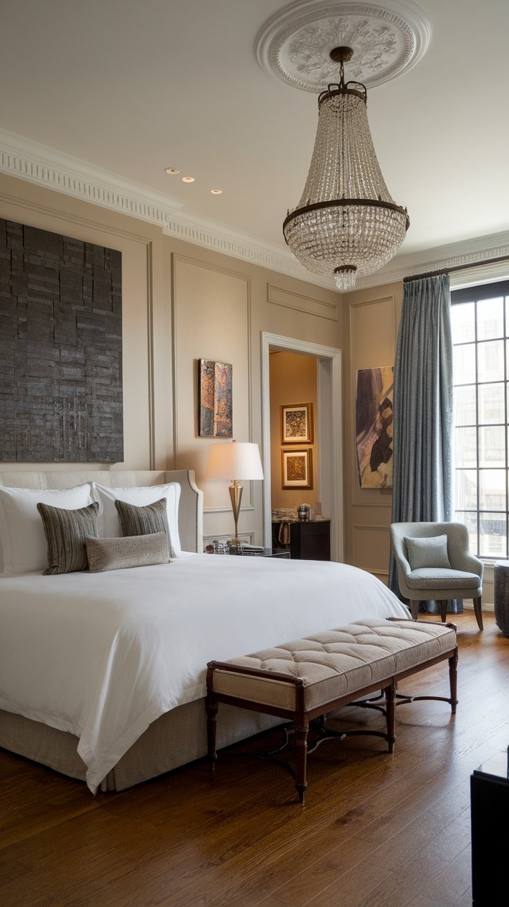 A modern luxury bedroom featuring sophisticated art pieces on the walls.
