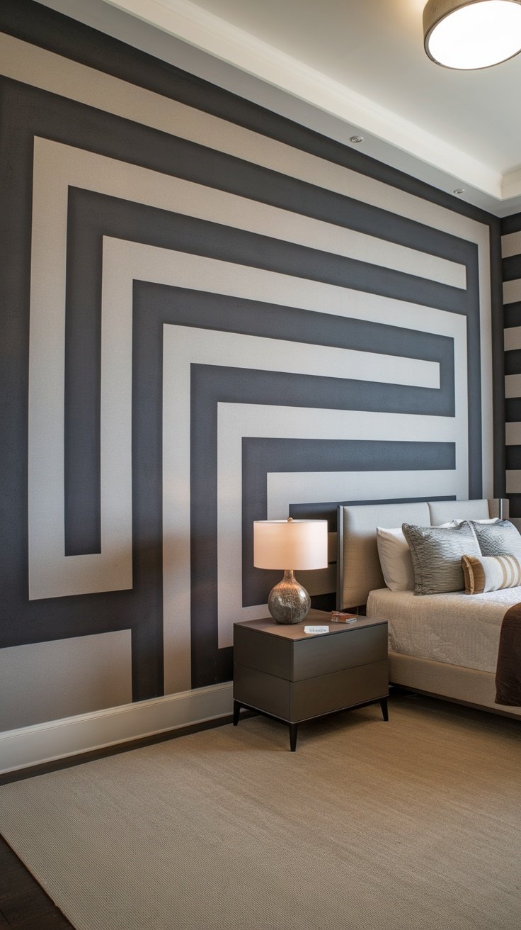 A modern luxury bedroom featuring artistic wall treatments with geometric designs.