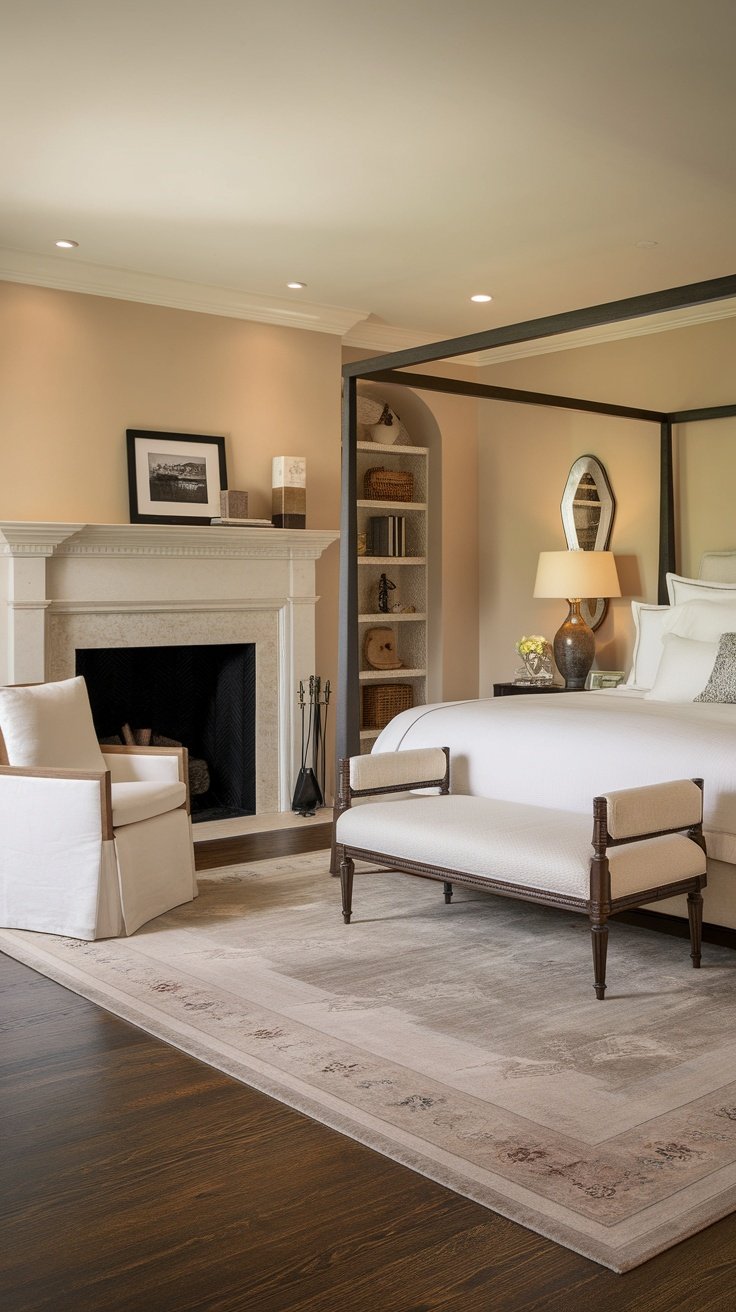 A modern luxury bedroom featuring a cozy fireplace and elegant furnishings