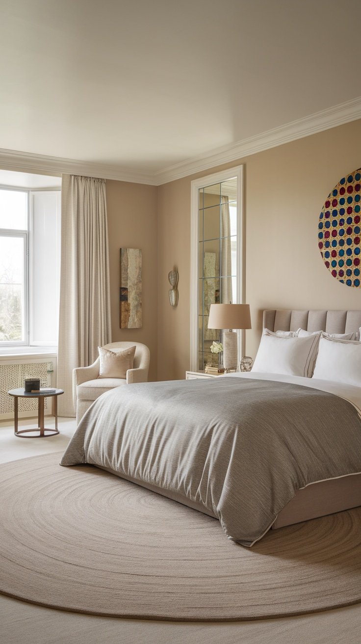 A modern luxury bedroom with a cozy design featuring neutral colors and unique decor.