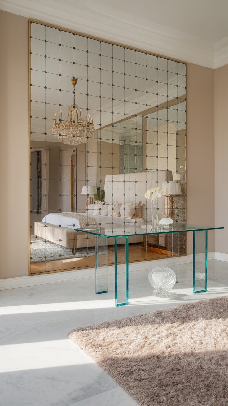 A modern luxury bedroom featuring a large mirrored wall and a glass table, showcasing reflective surfaces.
