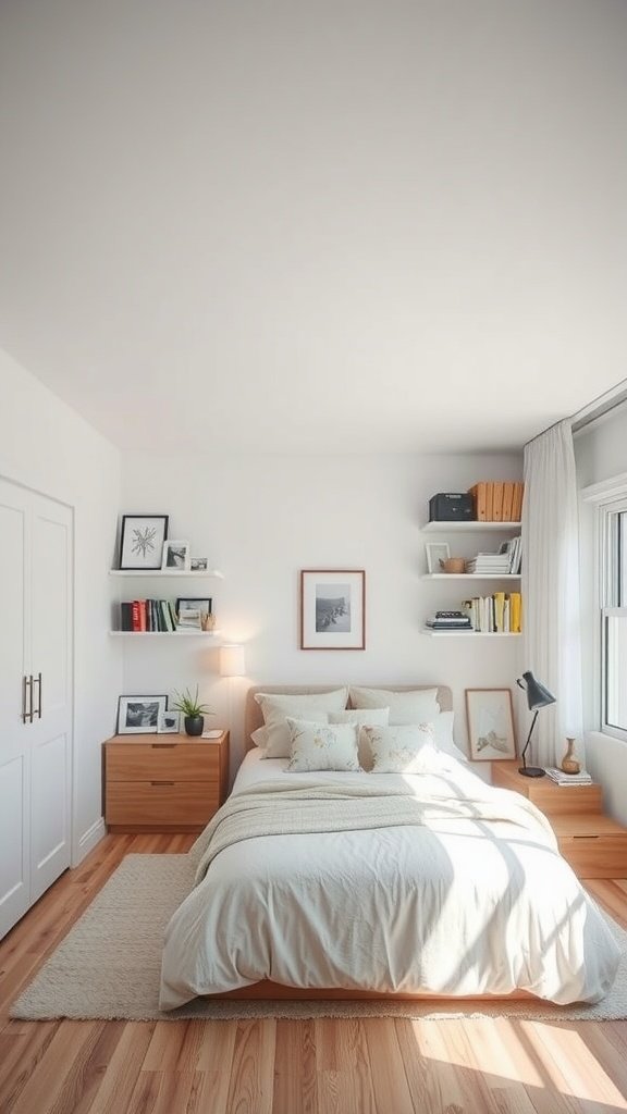 A modern, stylish bedroom with minimalistic decor and warm wooden accents.