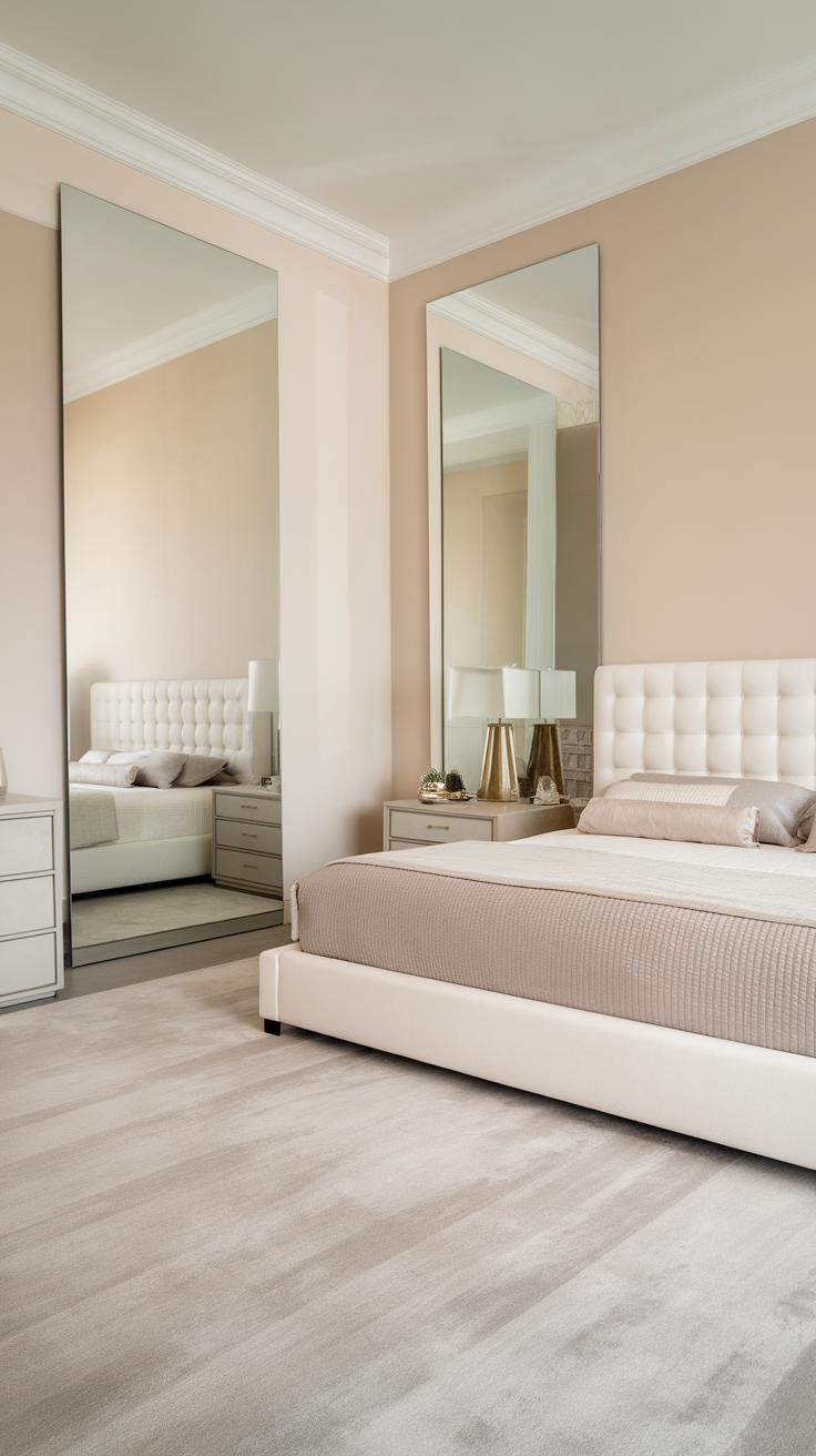 A modern bedroom with large mirrors, showcasing a stylish setup.