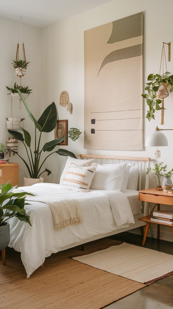 A modern luxury bedroom featuring indoor plants and stylish decor.