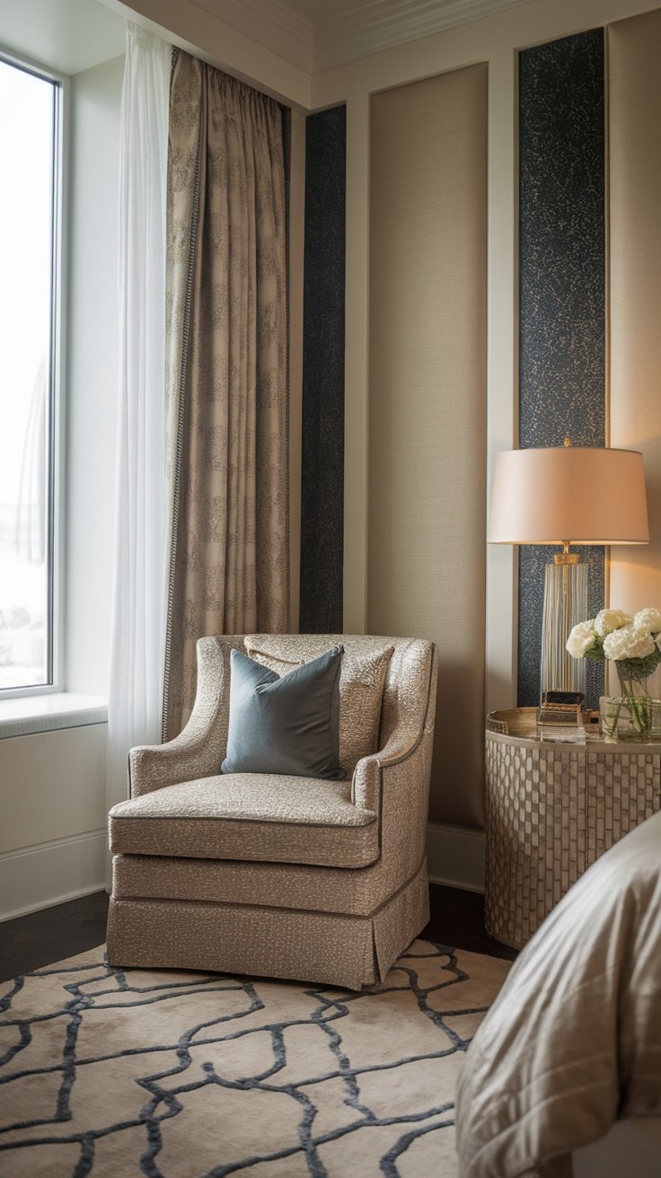Cozy reading nook with a chair, lamp, and fresh flowers