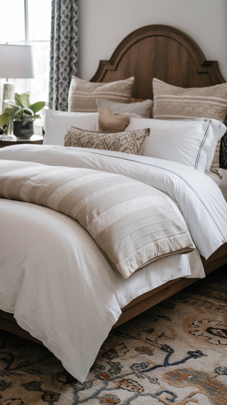A beautifully layered bed with white linens and decorative pillows.