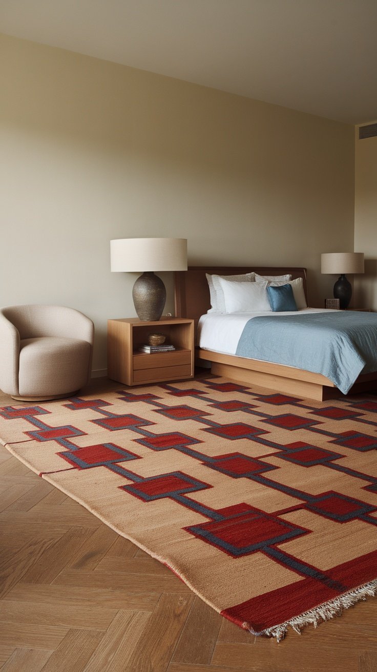 A modern luxury bedroom featuring a patterned area rug, a cozy chair, and stylish lamps.