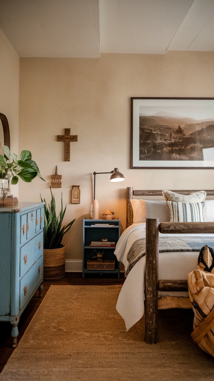 A cozy modern bedroom with personal decor elements, including a wooden bed frame, decorative plants, and framed photographs.