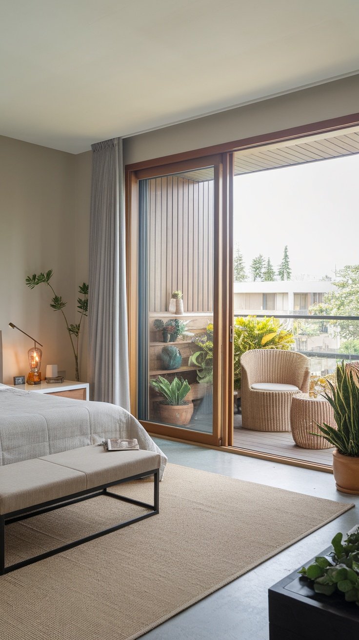 Modern bedroom with balcony access, plants, and cozy seating
