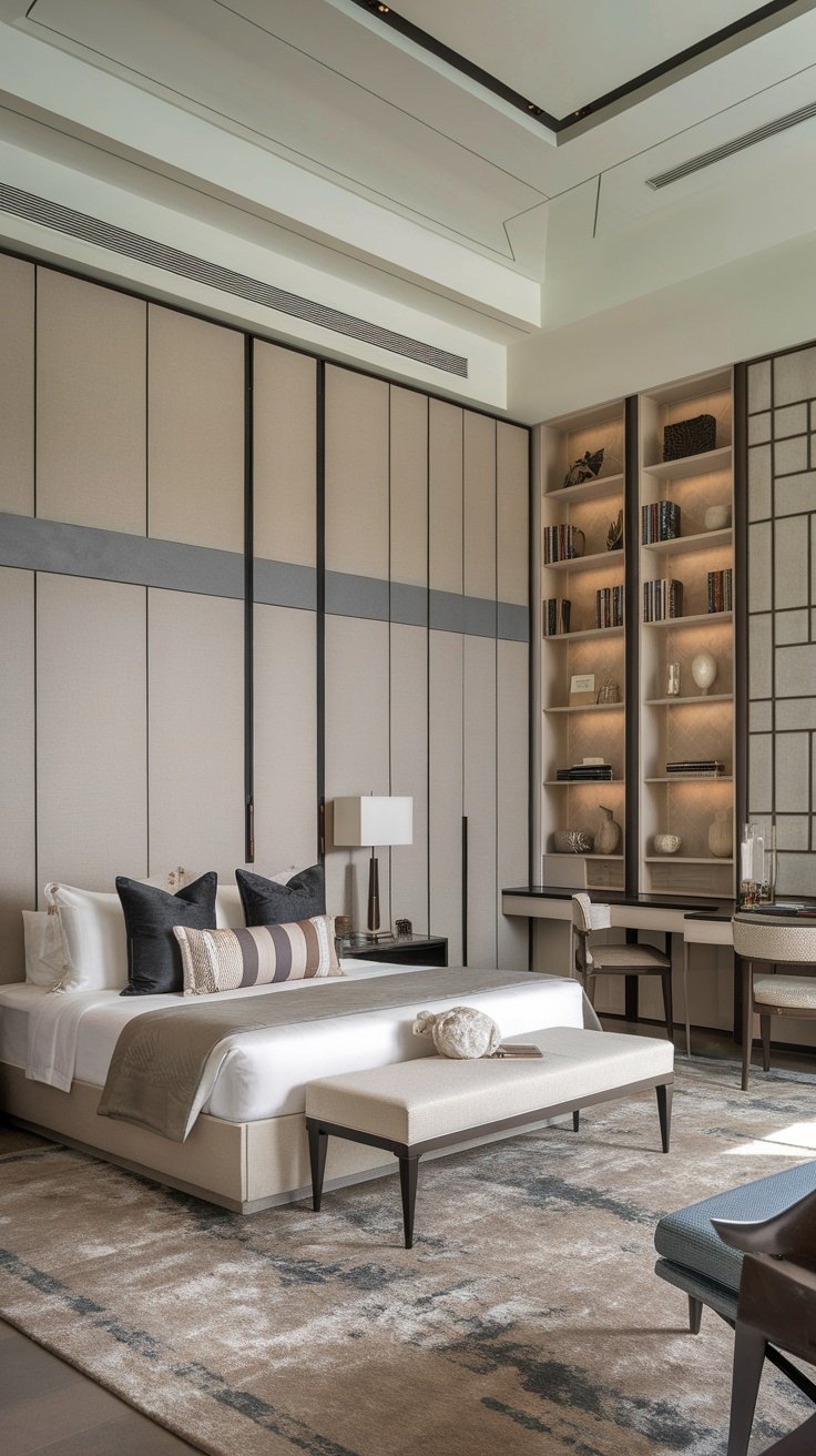 Modern luxury bedroom with custom built-in storage solutions
