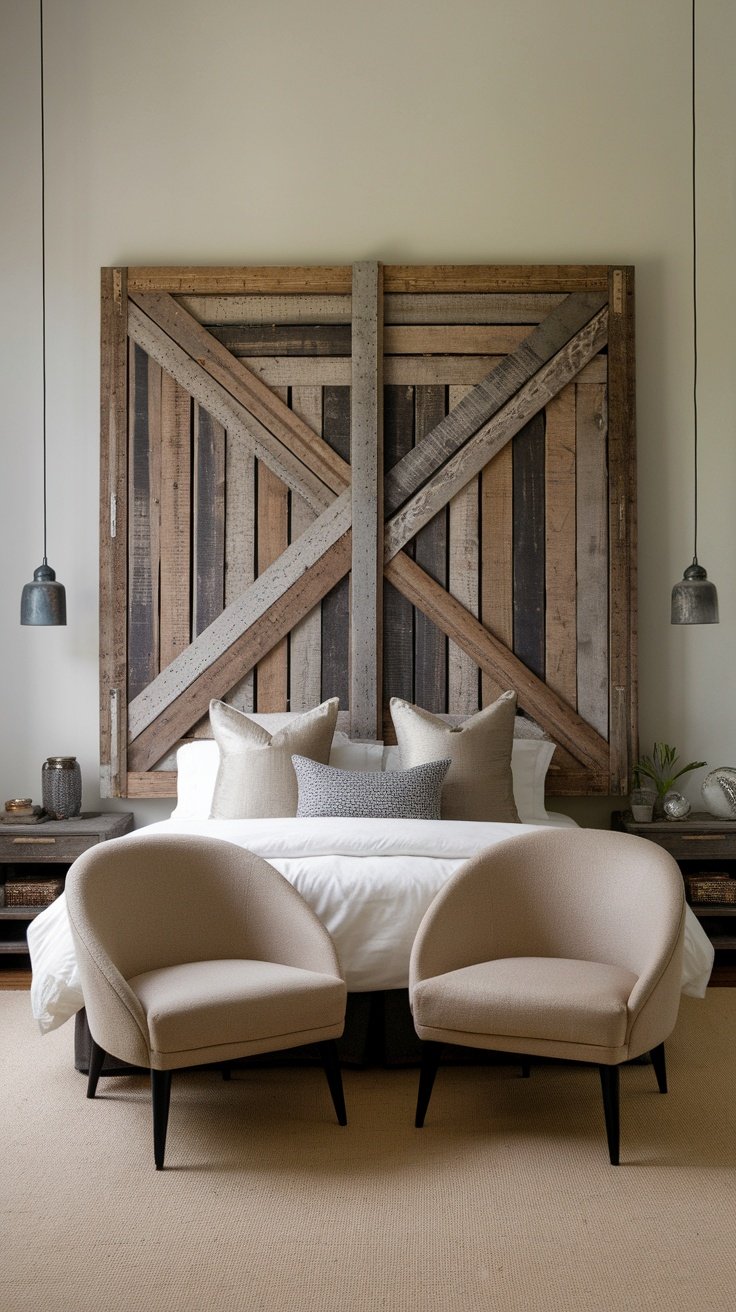 A stylish bedroom featuring a unique wooden headboard and modern furnishings.