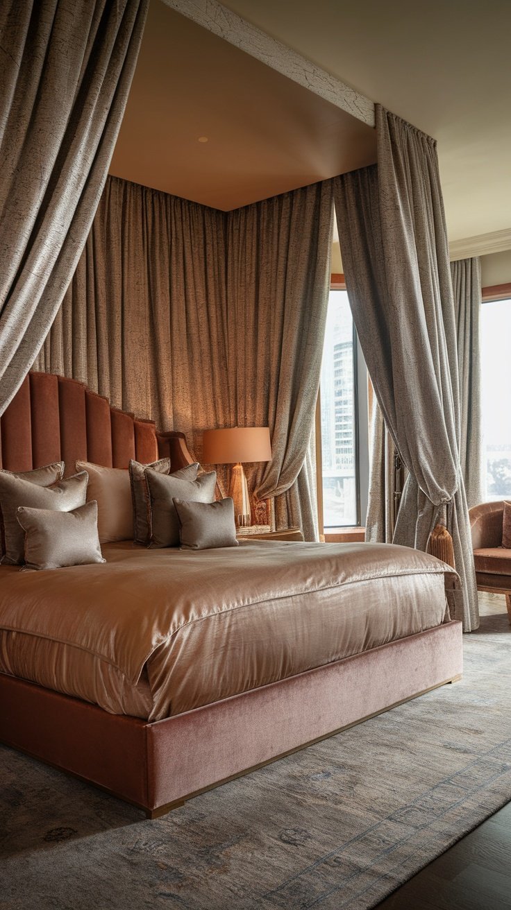 A luxurious bedroom featuring textured fabrics, including rich curtains and plush bedding.