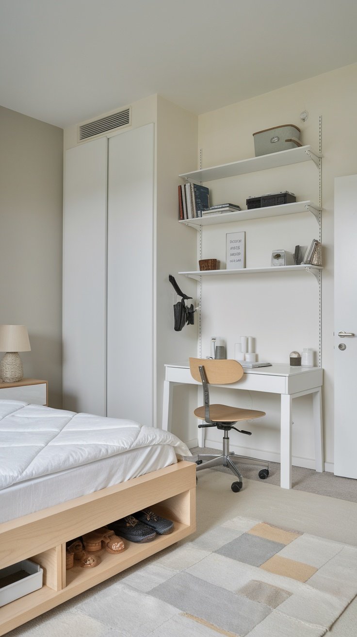 A clean and organized bedroom with minimal decor and furniture.