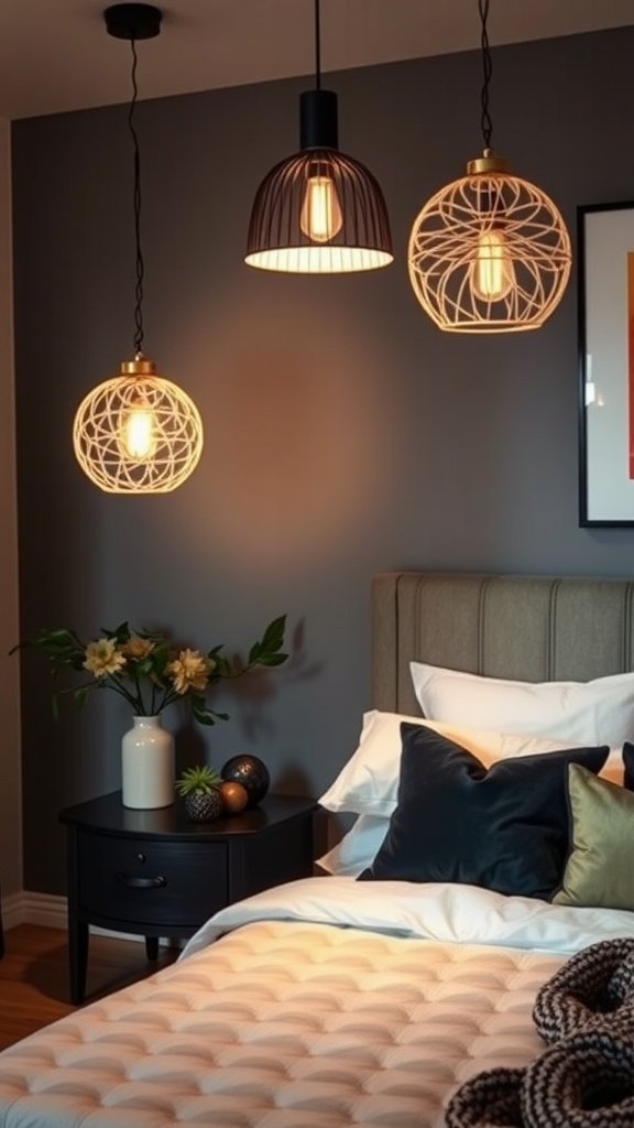Stylish hanging light fixtures in a cozy bedroom setting