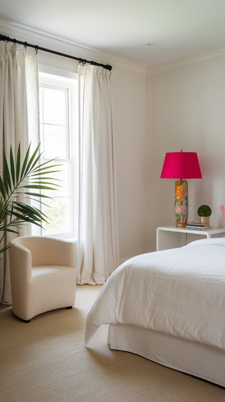 A stylish rug in a modern bedroom with a couple discussing the decor.