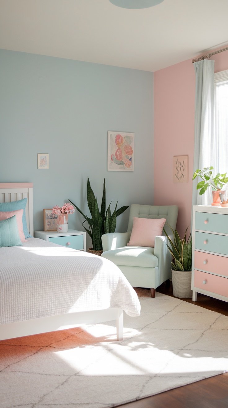 A serene bedroom setup featuring soft pastel colors and a cozy atmosphere.