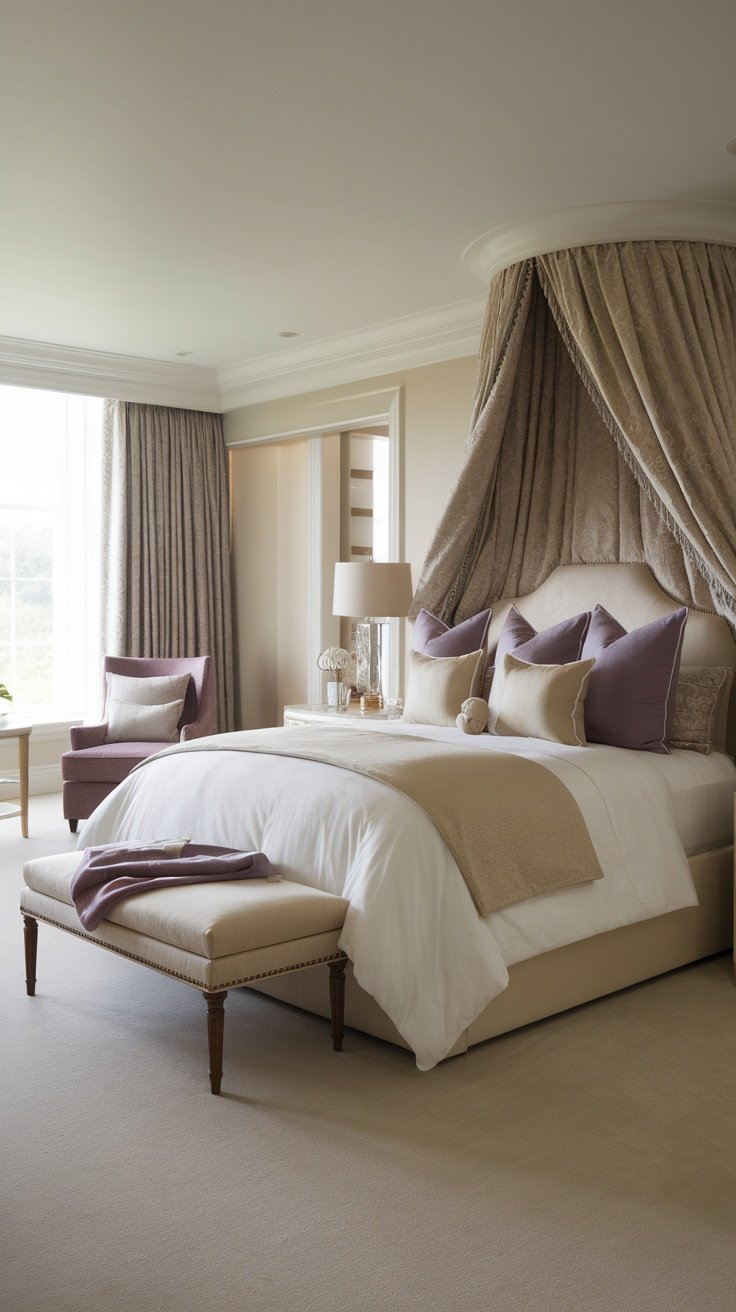 A beautifully arranged bedroom with elegant bedding and decor.