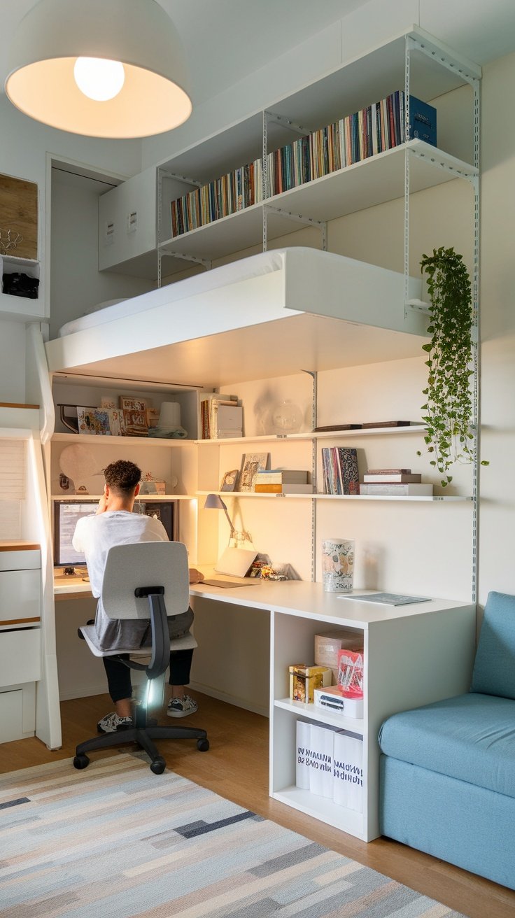 A compact bedroom setup with a lofted bed, desk area, and organized shelves.