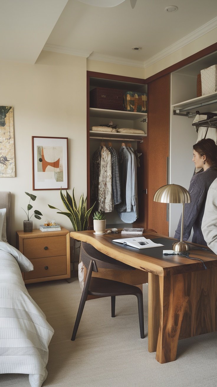 A cozy bedroom setup featuring a wooden desk and a comfortable chair, blending relaxation with a workspace.