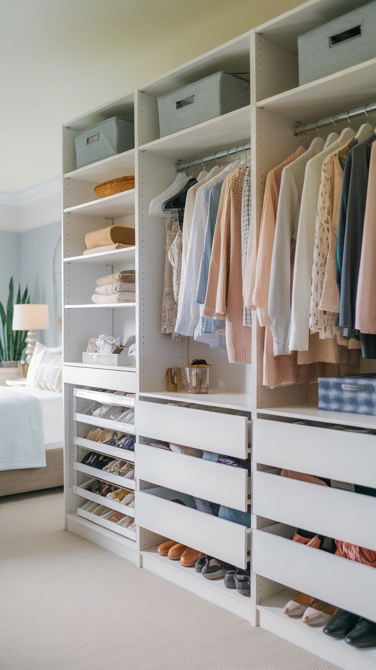 Organized closet with clothes and shoes, showcasing effective space usage.