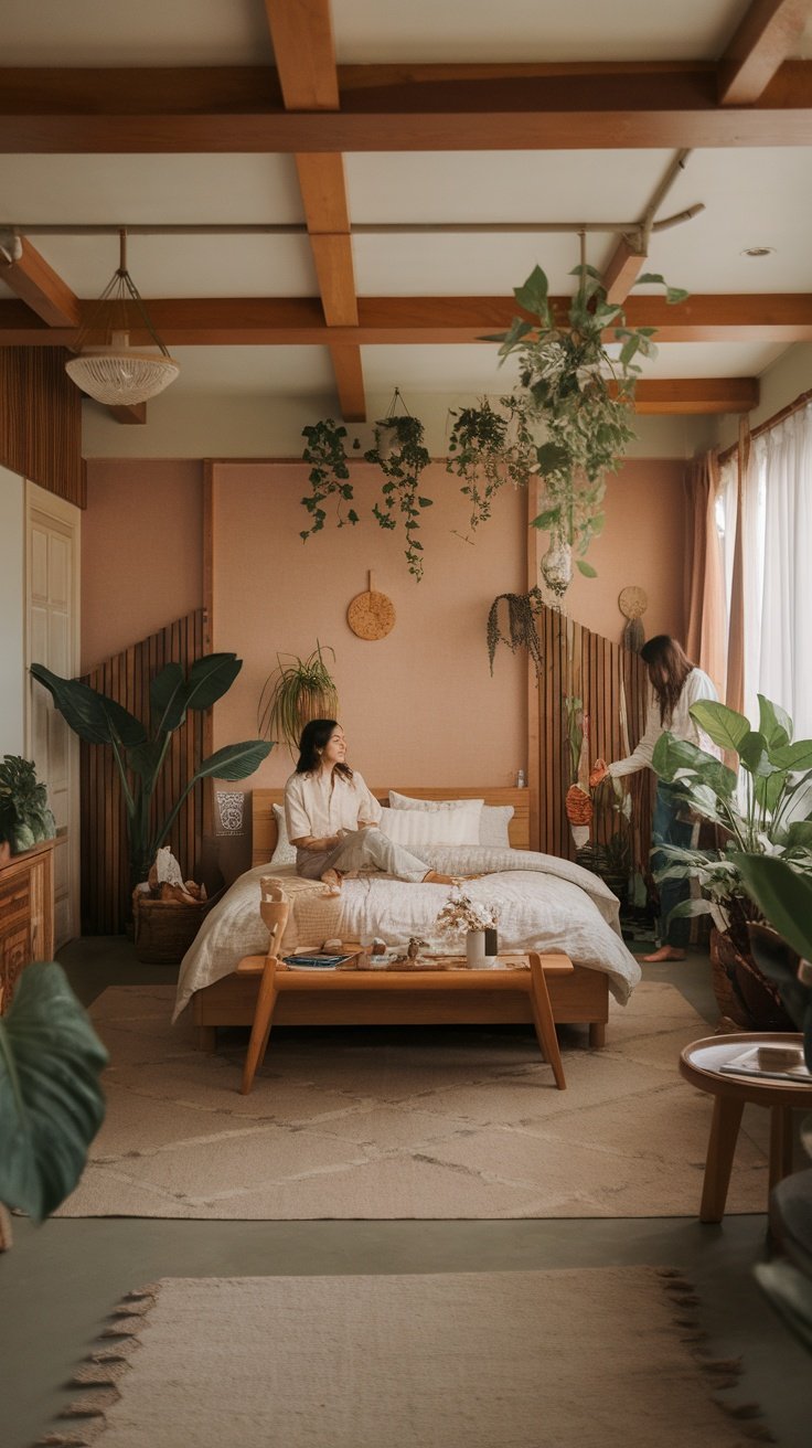 A cozy bedroom with plants, wooden furniture, and a warm color palette.