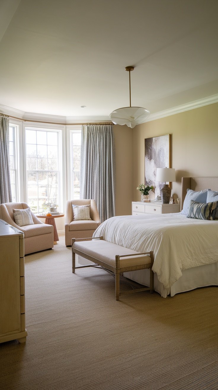 A beautifully arranged bedroom with a bed, two chairs, and natural light.