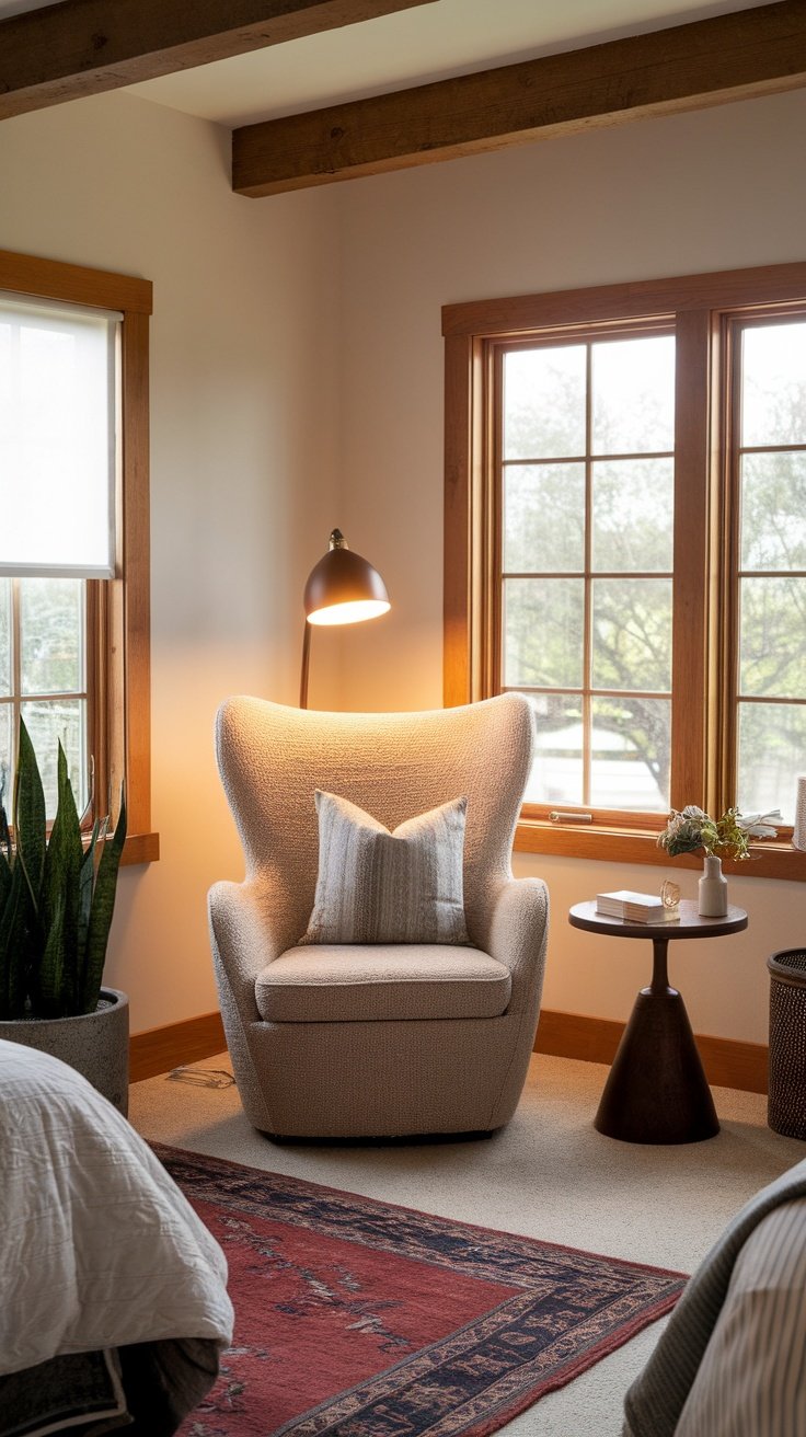 A cozy relaxation nook with a stylish chair and warm lighting in a bedroom.