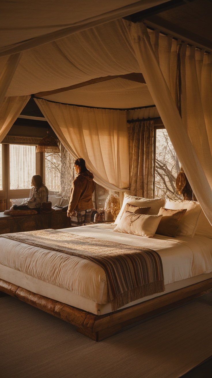 A stylish bedroom with a cozy bed and warm lighting.