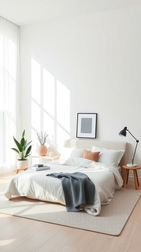 A chic minimalist bedroom featuring soft colors, a cozy bed, and stylish decor elements.