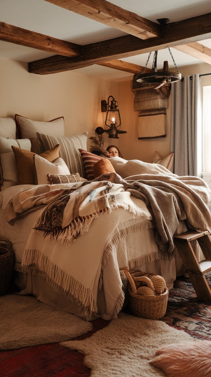 A cozy bedroom setup with layered textiles, featuring various blankets and cushions.