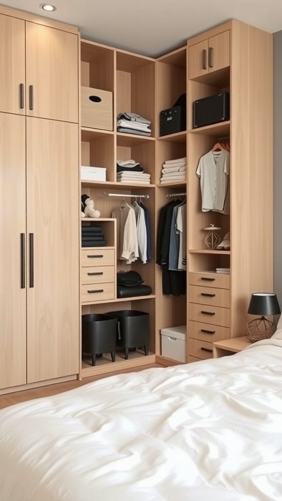 Smart storage solutions in a modern luxurious bedroom, featuring stylish cabinets and organized shelves.