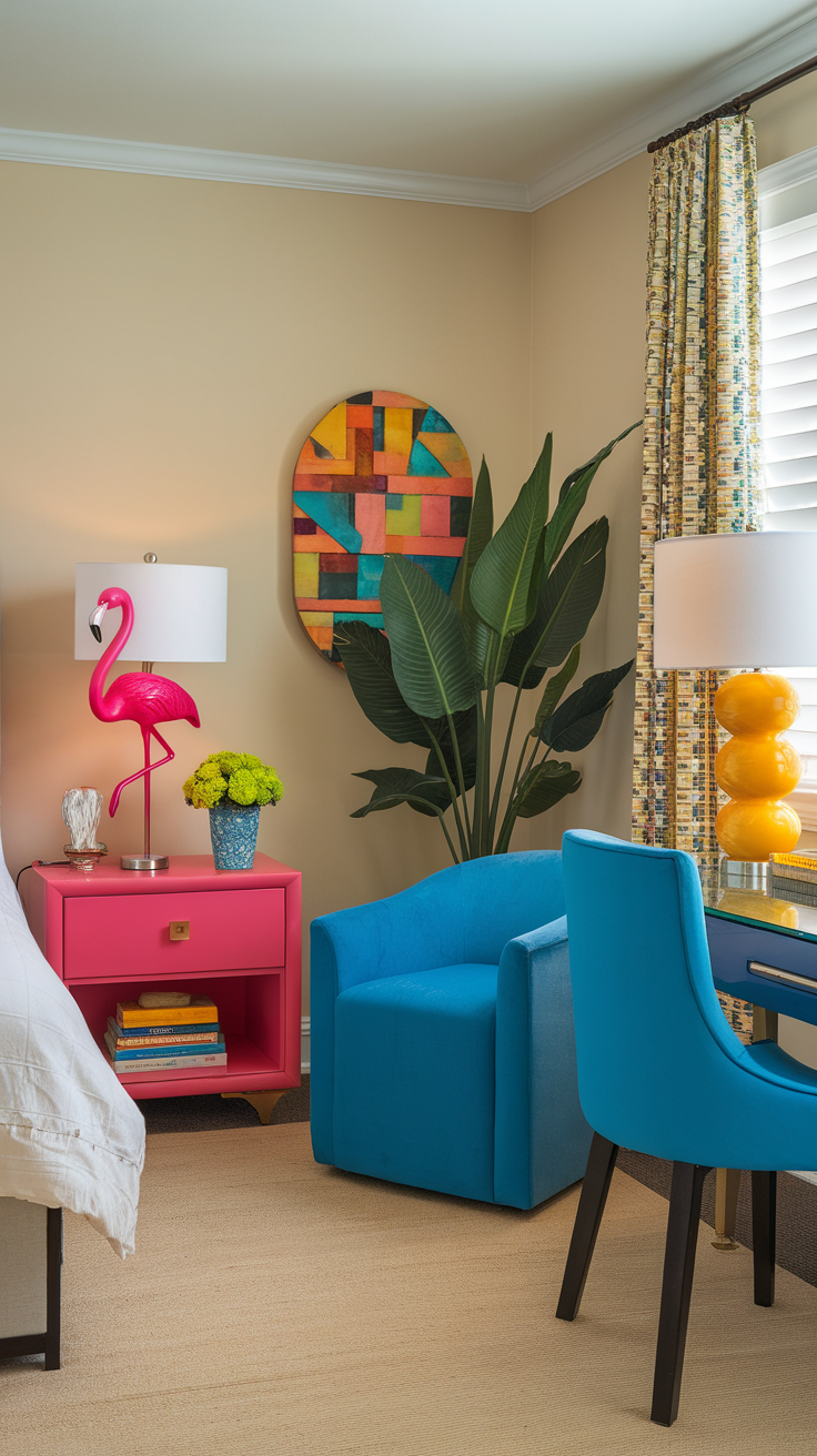 A cozy bedroom setup with colorful accessories and a couple enjoying the space.