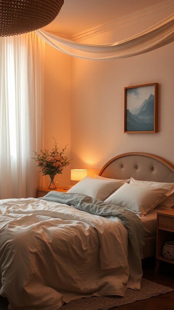 A beautifully lit bedroom with soft lighting and elegant decor.