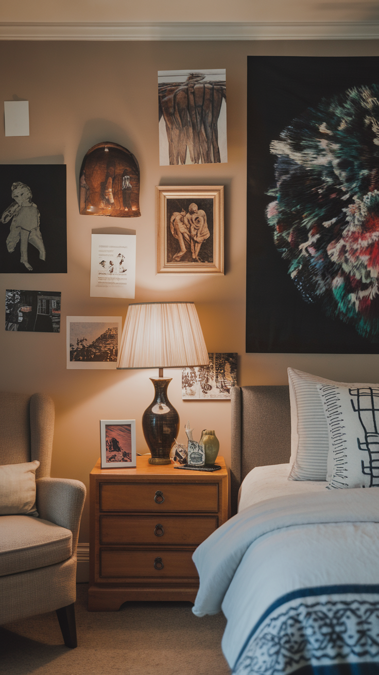 A cozy bedroom setup decorated with various art pieces on the walls.