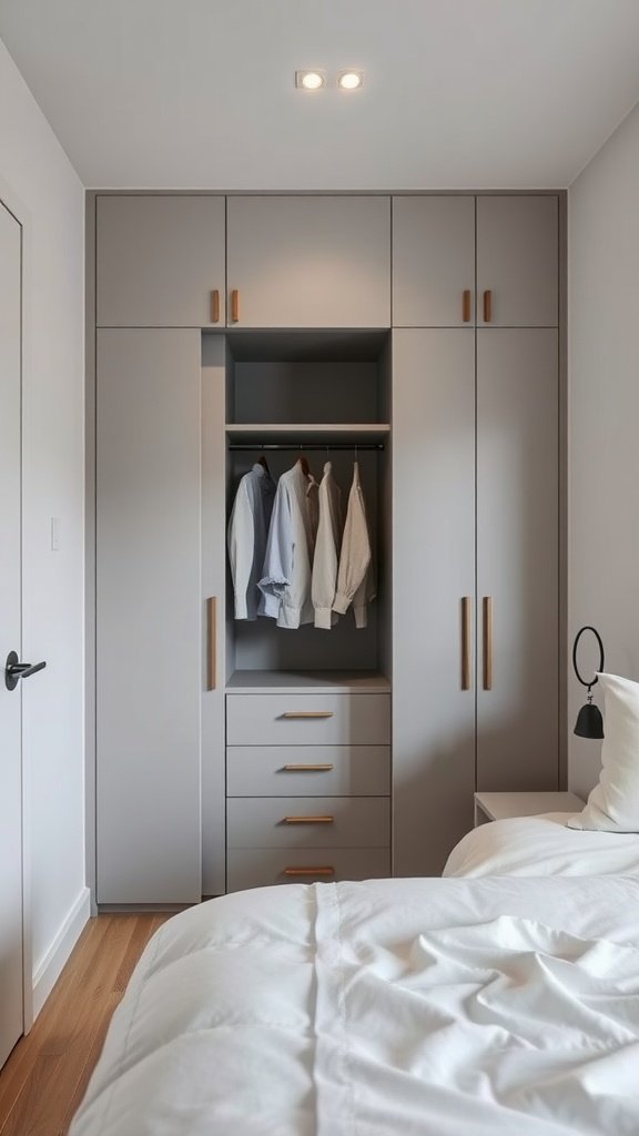 A modern built-in wardrobe in a small bedroom with light grey finish and wooden handles.