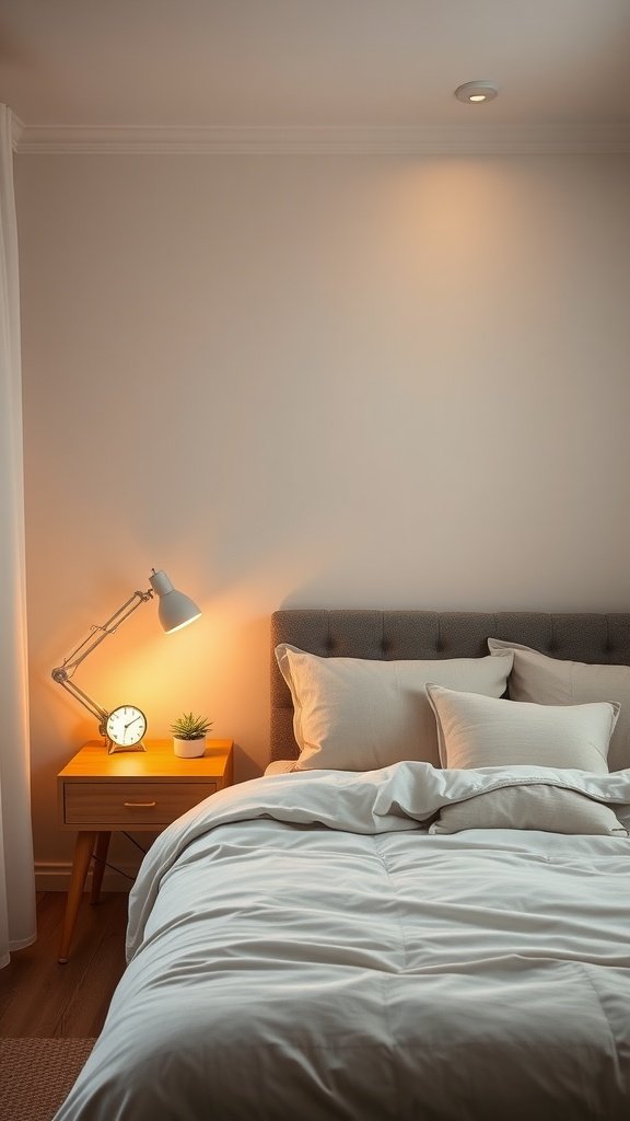 Cozy bedroom featuring warm lighting from a lamp and overhead light, showcasing minimalist decor.