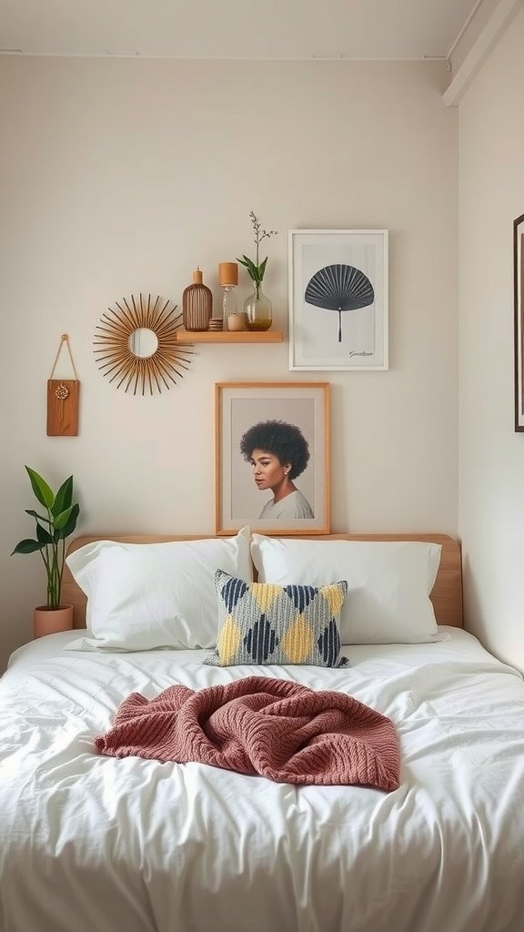 A cozy small bedroom featuring a bed with white linens, colorful pillows, and decorative items on the wall.