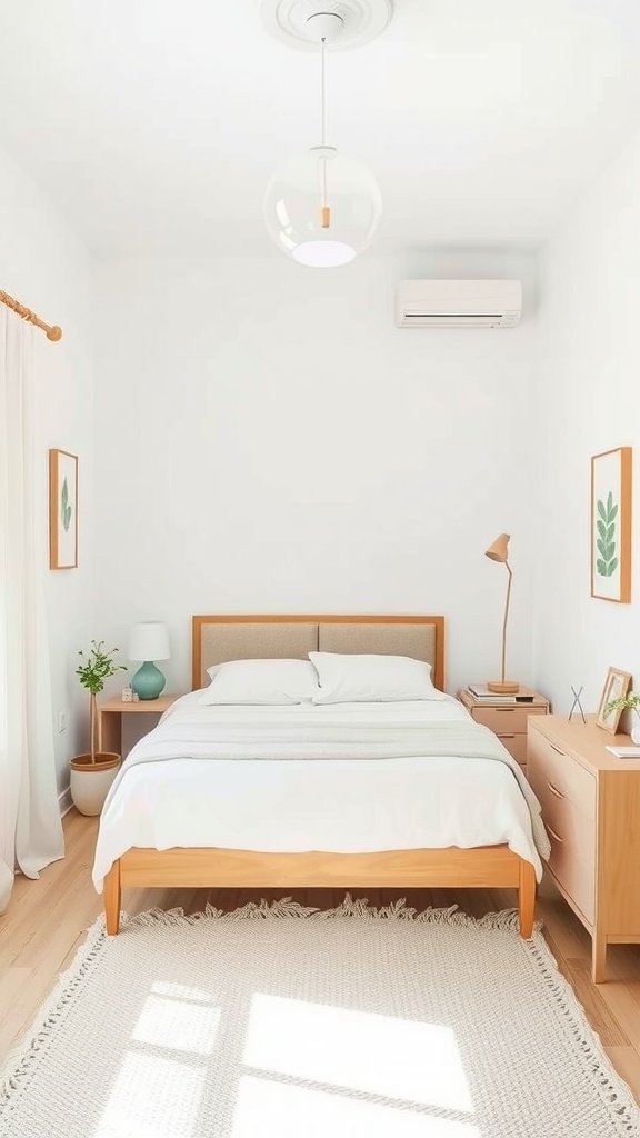 A bright and minimalist small bedroom with a light color palette, showcasing a bed, nightstand, and decorative plants.