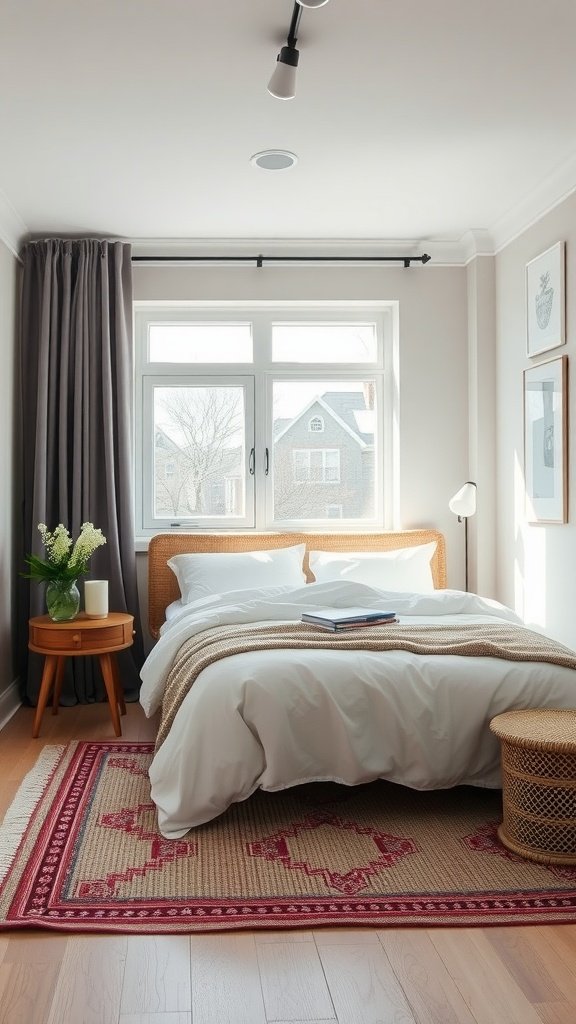 A cozy small bedroom featuring a bed, area rug, and modern decor elements.